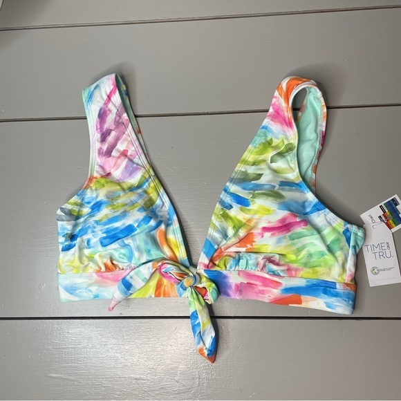 NWT Time and Tru Size L Bikini TOP ONLY White Multicolor Plunge Front Tie. - Picture 7 of 7